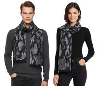 Elegante bufanda Roberto Cavalli para hombre y mujer, hecha de pura lana, disponible en negro/gris, negro/rojo o gris/negro.