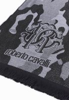 Elegante bufanda Roberto Cavalli para hombre y mujer, hecha de pura lana, disponible en negro/gris, negro/rojo o gris/negro.