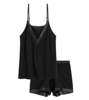 Ensemble pyjama deux pièces élégant en coton pour femme, orné de satin, composé d'un haut et d'un bas, réf. 936951 Noir