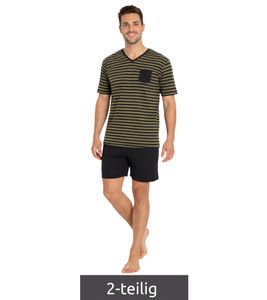 Soft Men's Two-Piece Shorty Pajamas with Chest Pocket and Stripes, Cotton Shorty 957908 Black/Olive