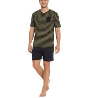 Soft Men's Two-Piece Shorty Pajamas with Chest Pocket and Stripes, Cotton Shorty 957908 Black/Olive
