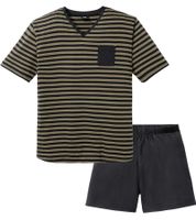Soft Men's Two-Piece Shorty Pajamas with Chest Pocket and Stripes, Cotton Shorty 957908 Black/Olive