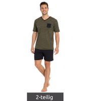 Soft Men's Two-Piece Shorty Pajamas with Chest Pocket and Stripes, Cotton Shorty 957908 Black/Olive