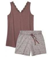 trendiger Damen 2-teiliger Pyjama Baumwoll-Shorty mit Punkten und Spitze kurzes Schlafanzug-Set 959182 Braun/Grau
