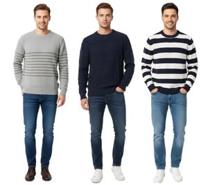 Stylish ESPRIT Men's Knit Sweater with Stripes or Wave Pattern, Crew Neck, Cotton Sweater, Dark Blue/White, Gray, or Blue