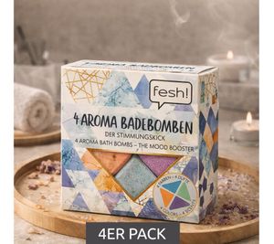 Paquete de 4 bombas de baño aromáticas fesh! en cuatro colores y aromas diferentes - Accesorios de baño sostenibles - Azul/Morado/Naranja/Amarillo