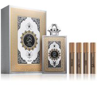 Lattafa King of Arabia Eau de Parfum 100 ml, parfum unisexe aux notes orientales et cuirées, présentée dans un flacon élégant et accompagnée de 4 échantillons (argent et or).