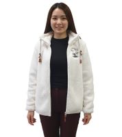 Comfortable sheepworld women's teddy fleece jacket with embroidered design. Cozy jacket with stand-up collar. Sweatshirt jacket in white or gray.