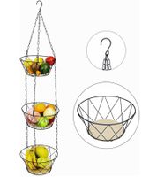 The Rombs Hanging Fruit Basket - Practical Kitchen Tiered Tray for Fruits and Vegetables with 3 Baskets (up to 15kg) - Wood/Black