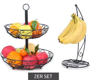 Portafrutta decorativo CUBESU con portabanane - Cesto per frutta e verdura in acciaio inox, nero