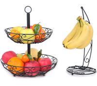 Présentoir à fruits décoratif CUBESU avec porte-bananes - Panier à fruits et légumes en acier inoxydable, noir
