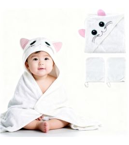 Ensemble de bain bébé bloomborn : serviette à capuche à motif chat, 2 gants de toilette inclus, serviette de bain en coton 75 x 75 cm, blanche