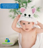 Soft and cuddly bloomborn baby bath towel set: hooded towel with cat motif, includes 2 washcloths, cotton bath towel 75 x 75 cm, white