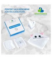 Soft and cuddly bloomborn baby bath towel set: hooded towel with cat motif, includes 2 washcloths, cotton bath towel 75 x 75 cm, white