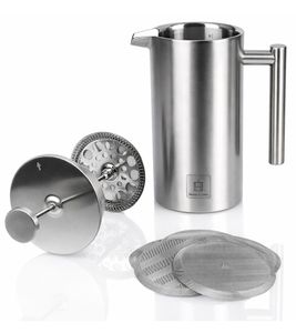 Caffettiera a pressa francese Barista's Choice in acciaio inox, isolamento a doppia parete - Caffettiera a pressa-filtro per caffè aromatico, 1 litro, argento