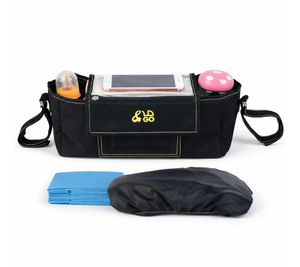 &GO Stroller Organizer incl. 5 Changing Mats Universal Buggy Bag with Transparent Smartphone Pocket, Rain Cover, Cup Holder & Plenty of Storage Space Black
