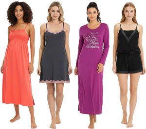 Nuisette confortable pour femme avec détails smockés : nuisette longue fendue, ensemble pyjama 2 pièces ou nuisette courte en dentelle. Disponible en rouge, violet, noir ou gris/rose.