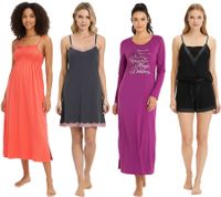 Nuisette confortable pour femme avec détails smockés : nuisette longue fendue, ensemble pyjama 2 pièces ou nuisette courte en dentelle. Disponible en rouge, violet, noir ou gris/rose.