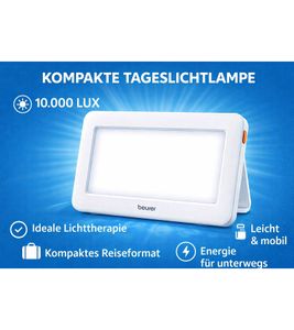 Lámpara de luz diurna Beurer TL 20, 10.000 lux de intensidad, compacta para viajes, fototerapia, 16,5 x 8,5 cm, blanca