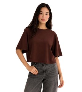 Modernes Damen Oversize T-Shirt aus bequemem Punto-di-Roma Material mit Reißverschluss hinten 966086 Braun