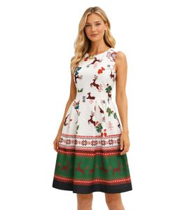 Elegante abito da donna per le feste di Natale senza maniche con stampa natalizia e gonna svasata 967618 nero/rosso