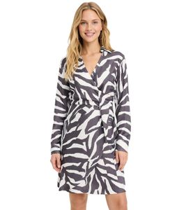 Vestido Mini Cruzado Suave y Fluido para Mujer con Estampado de Cebra, Manga Larga 909393 Negro/Blanco