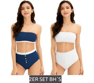 Lot de 2 soutiens-gorge bandeau femme, sans bretelles, en coton bio, sans armatures, bleu/blanc (948684)
