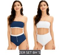 Lot de 2 soutiens-gorge bandeau femme, sans bretelles, en coton bio, sans armatures, bleu/blanc (948684)