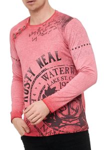Chemise homme à manches longues, col rond, imprimé, effet délavé, patte de boutonnage, coupe ajustée, référence 10145 Rouge