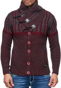 Pull homme élégant en grosse maille, col montant et fermeture à brandebourg, coloris Bordeaux 13288