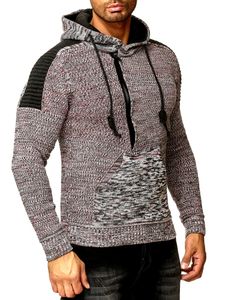 Moderner Herren Strick-Pullover Kapuzen-Sweater Grobstrick-Hoodie Strick-Jacke 13290 Grau /Rot