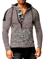 Moderner Herren Strick-Pullover Kapuzen-Sweater Grobstrick-Hoodie Strick-Jacke 13290 Grau /Rot