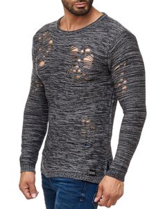 Moderner Herren Strick-Pullover im Destroyed Look Rundhals-Sweaterullover 13295 Grau