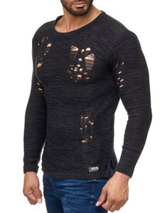 Moderner Herren Strick-Pullover im Destroyed Look Rundhals-Sweaterullover 13295 Schwarz