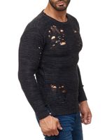 Moderner Herren Strick-Pullover im Destroyed Look Rundhals-Sweaterullover 13295 Schwarz