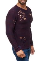 Moderner Herren Strick-Pullover im Destroyed Look Rundhals-Sweaterullover 13295 Weinrot