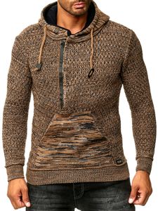 Sportiver Herren Kapuzen-Pullover mit Half-Zip und Strukturstrick Hoodie Sweater 13323 Braun