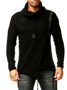 Stylischer Herren Strick-Pullover mit Schalkragen und Reißverschlussdetail Sweater Oversized Look 13336 Schwarz