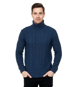 Cool men's chunky knit roll-neck sweater with incorporated pattern, sweater 13348 petrol
