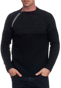 Lässiger Herren Strick-Pullover mit seitlichem Zipper und Struktur Rundhals-Sweater 13359 Schwarz