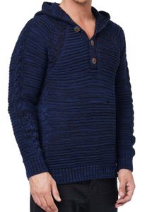 Pull à capuche en grosse maille pour homme, orné d'une fermeture boutonnée et d'une texture torsadée, référence 13385 Indigo