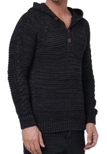 Pull à capuche en grosse maille pour homme, noir, avec patte de boutonnage et texture torsadée. Référence 13385.