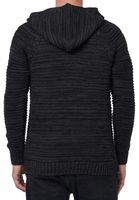Pull à capuche en grosse maille pour homme, noir, avec patte de boutonnage et texture torsadée. Référence 13385.
