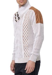 Trendiger Herren Stehkragen-Pullover mit Zopfmuster Grobstrick-Sweater 13391 Weiß