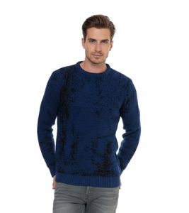 Maglione girocollo da uomo senza tempo con design bicolore, maglia fine 13433 Sax Blue