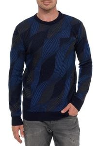 Trendy men's crew neck sweater in wave design, fine knit sweater 13445 navy