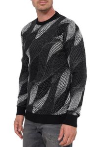 Trendy men's crew neck sweater in wave design, fine knit sweater 13445 Black