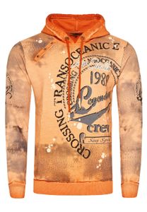 Exklusiver Herren Kapuzen-Pullover Oil-Washed Hoodie mit Knopfleiste und Sea-Print Sweater 19128 Orange