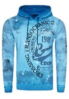 Felpa con cappuccio esclusiva da uomo, felpa con cappuccio lavata a olio con patta abbottonata e maglione con stampa marina 19128 Petrol