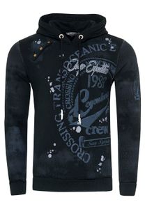 Pull à capuche exclusif pour homme, en denim délavé à l'huile, avec patte de boutonnage et imprimé marin 19128 Noir